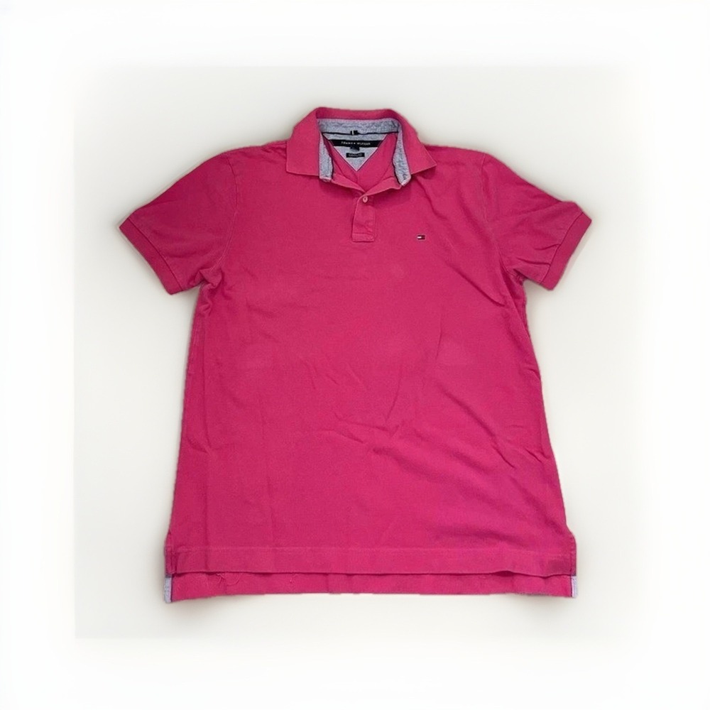Tommy Hilfiger Men's Short Sleeve Polo Shirt in Classic Fit, Pink Large L